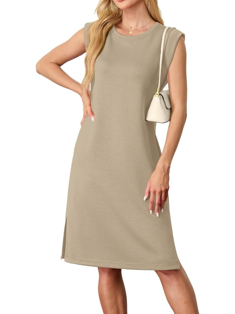 Women's Khaki Sleeveless Casual Loose Beach Crewneck Wrinkle-Free Midi Dress